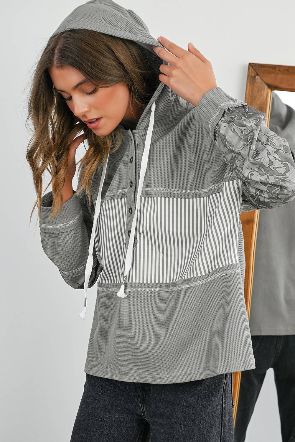 Waffle Striped & Abstract Print Buttoned Front Hoodie