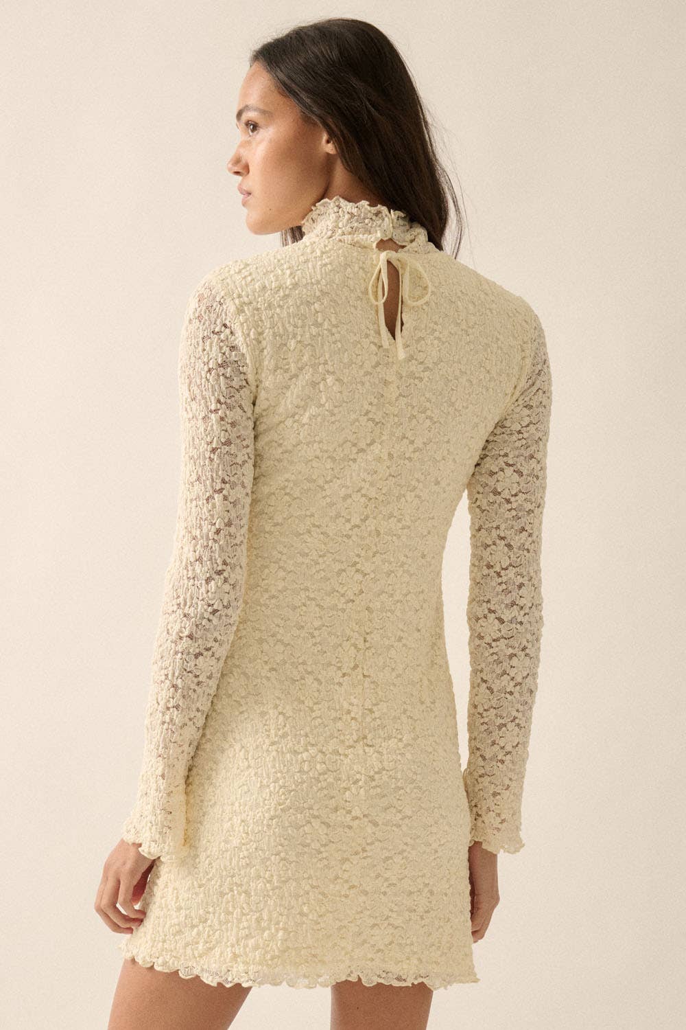 Floral Lace Mock-Neck Long-Sleeve Mini Dress