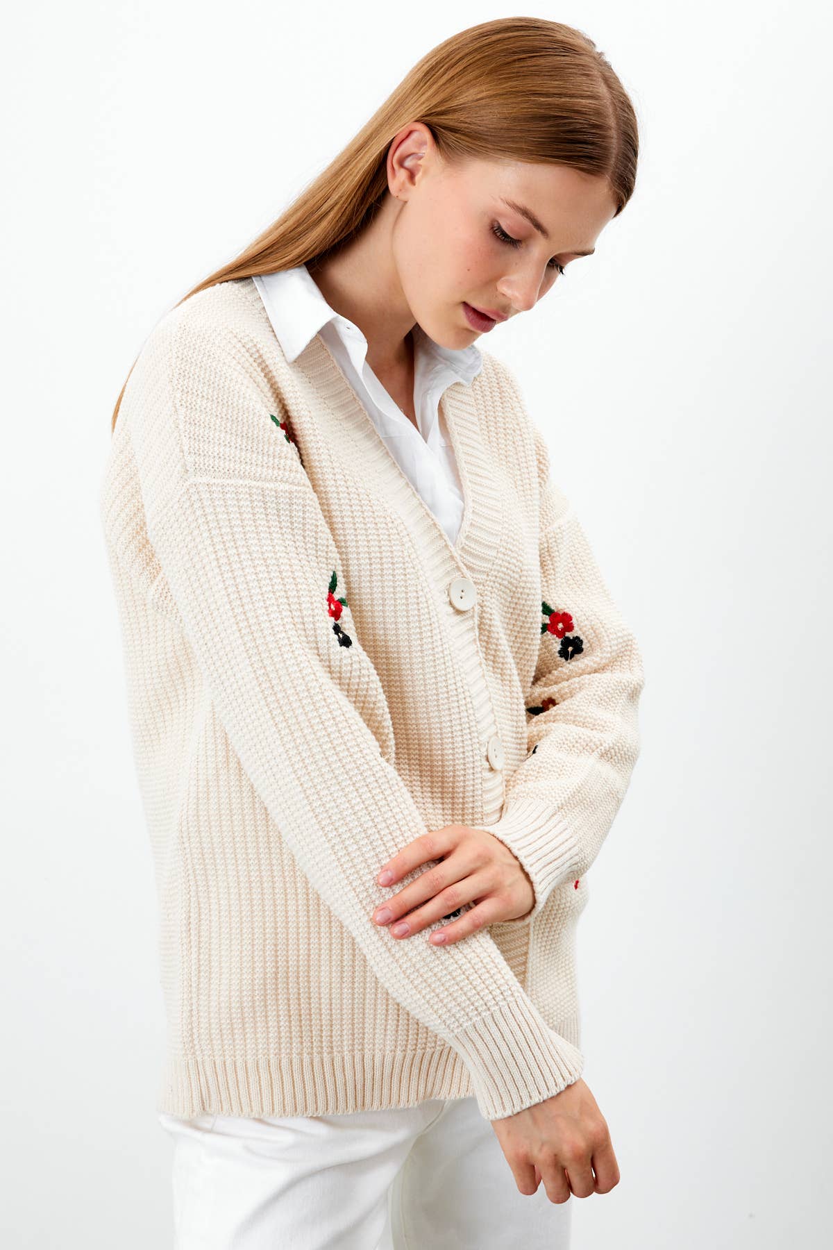 Knit Cardigan Flower Embroidered Solid Color Modest Cardigan