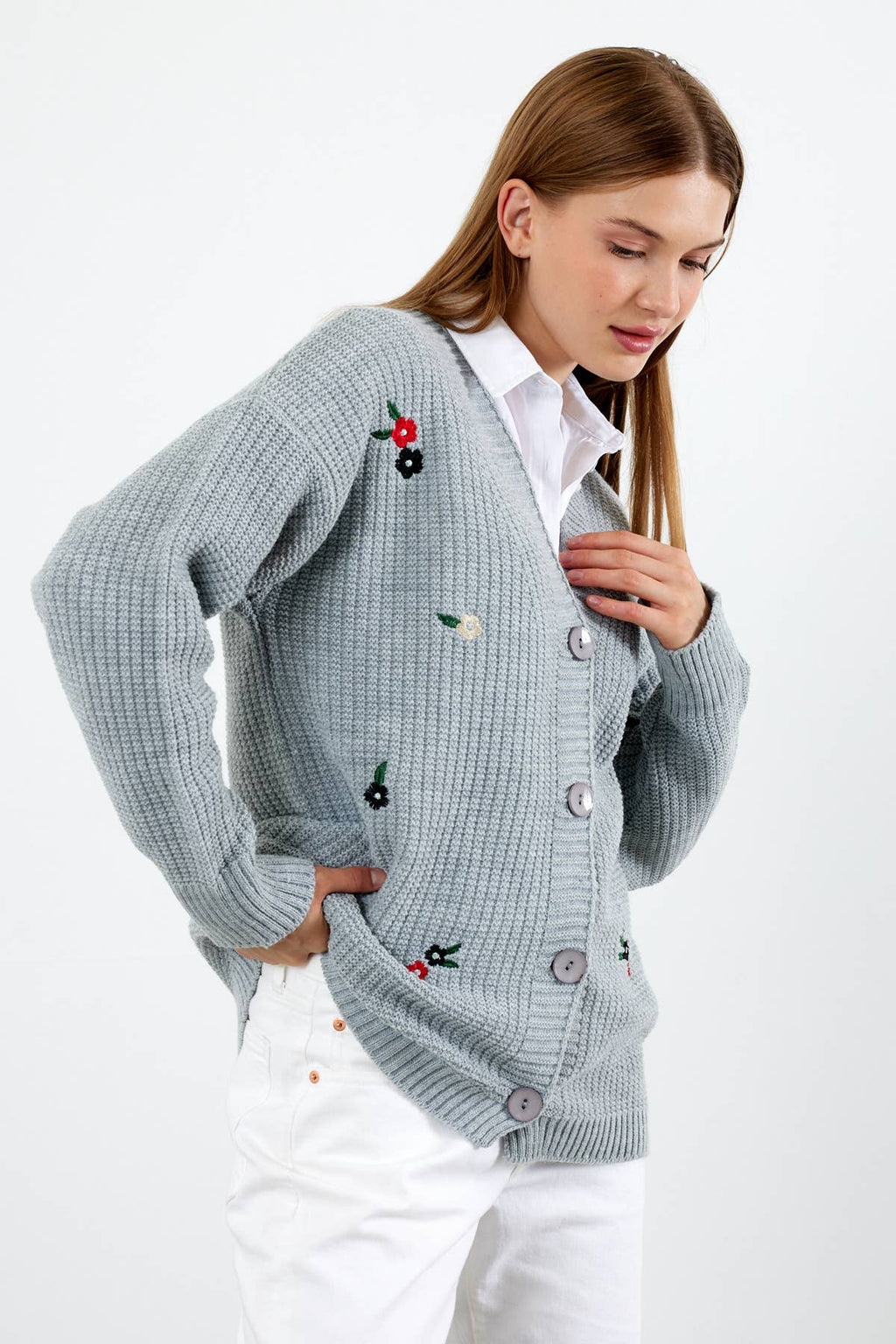 Knit Cardigan Flower Embroidered Solid Color Modest Cardigan