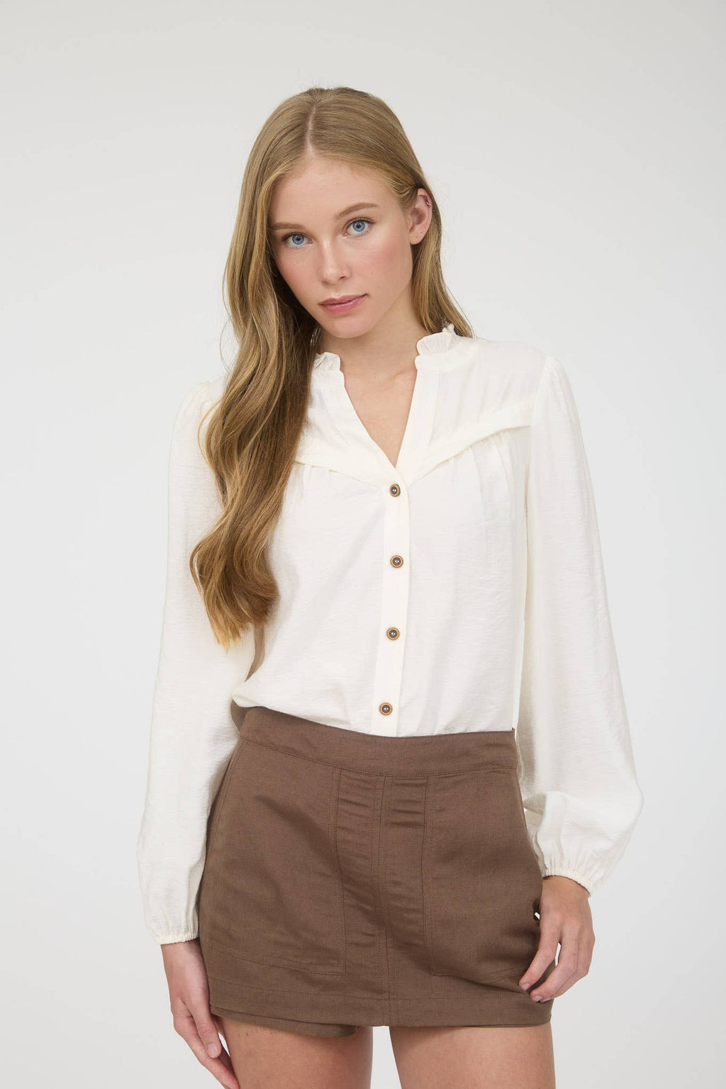 Ruffle Neck Button Down Long Sleeve Top