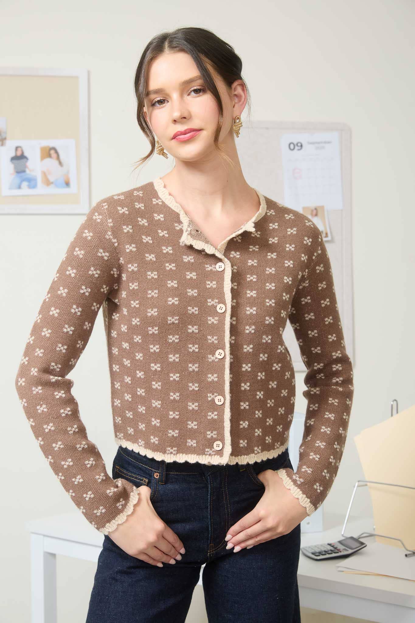 Scallop Trim Button Down Knit Cardigan