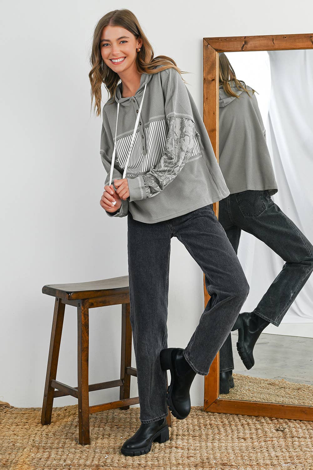 Waffle Striped & Abstract Print Buttoned Front Hoodie