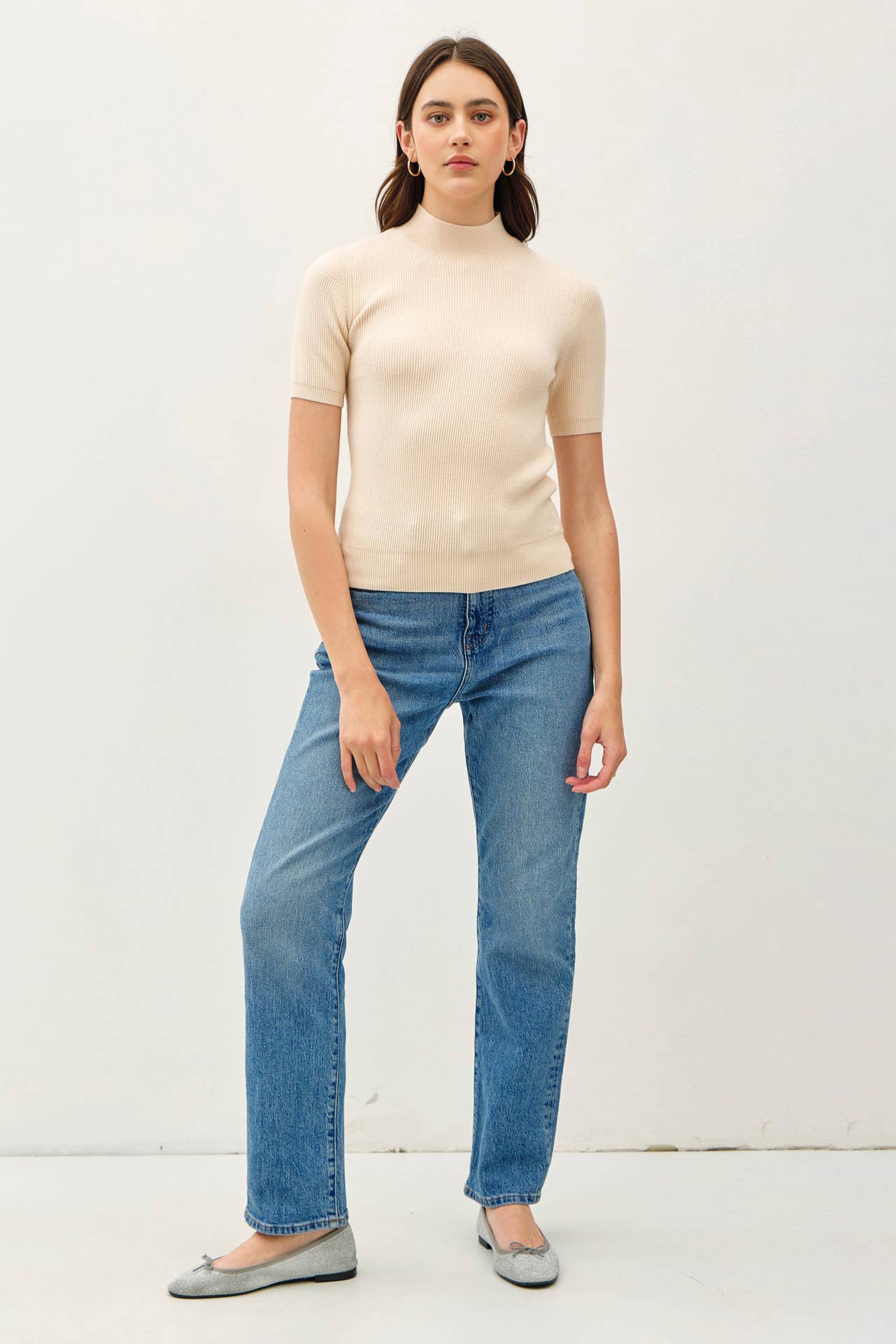 Mock Neck Short Sleeve Ribbed Knit Sweater