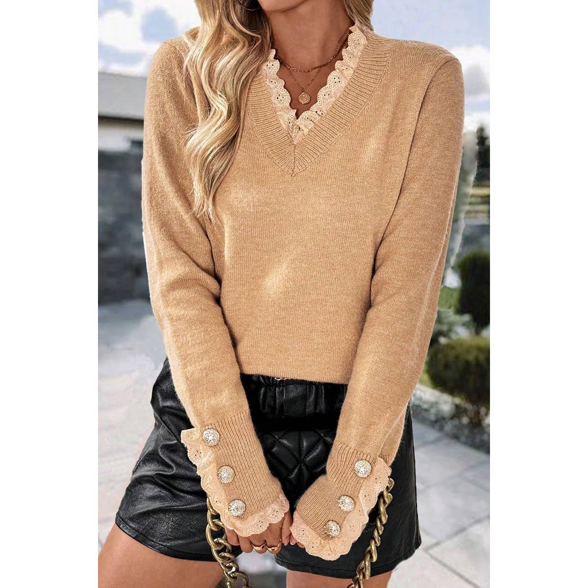Solid Crew Neck Lace Trim Button Knit Sweater