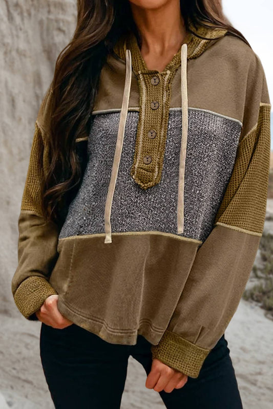 Waffle Exposed Seam Half Button Hooded Sweatshirt