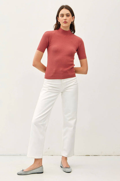 Mock Neck Short Sleeve Ribbed Knit Sweater