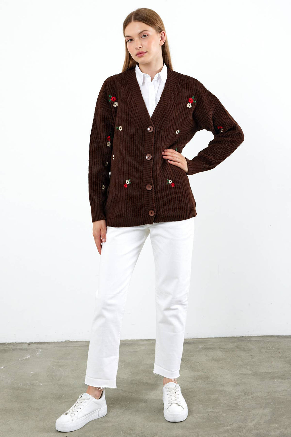 Knit Cardigan Flower Embroidered Solid Color Modest Cardigan