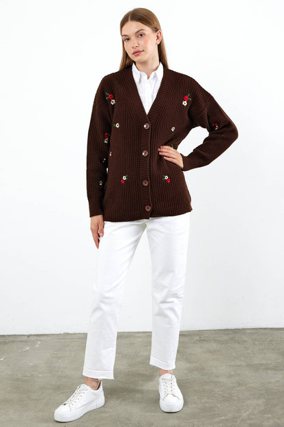 Knit Cardigan Flower Embroidered Solid Color Modest Cardigan