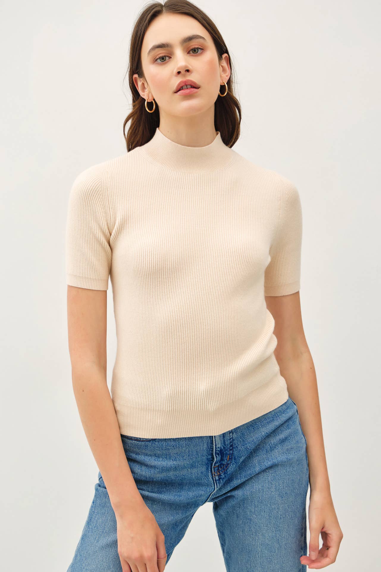 Mock Neck Short Sleeve Ribbed Knit Sweater