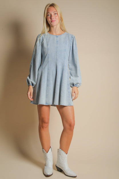 Mineral Washed Denim Seam Detail Mini Dress