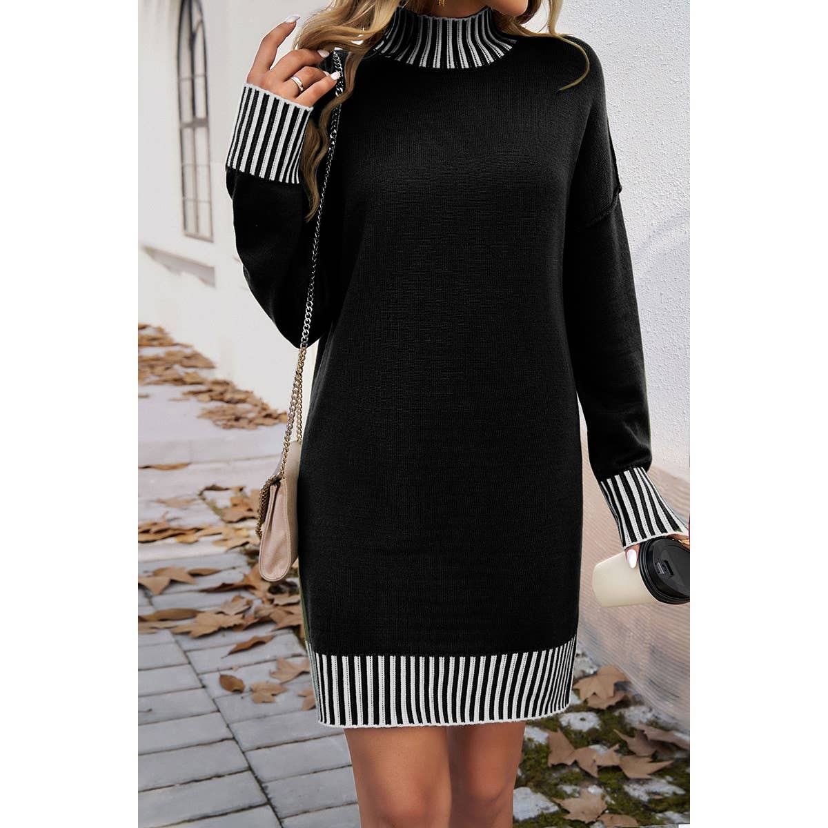 Turtle Mock Neck Solid Knit Stretch Sweater Dress
