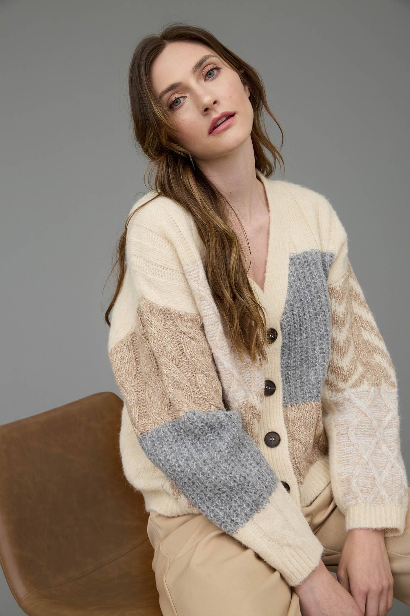 Patchwork Cable Knit Cardigan