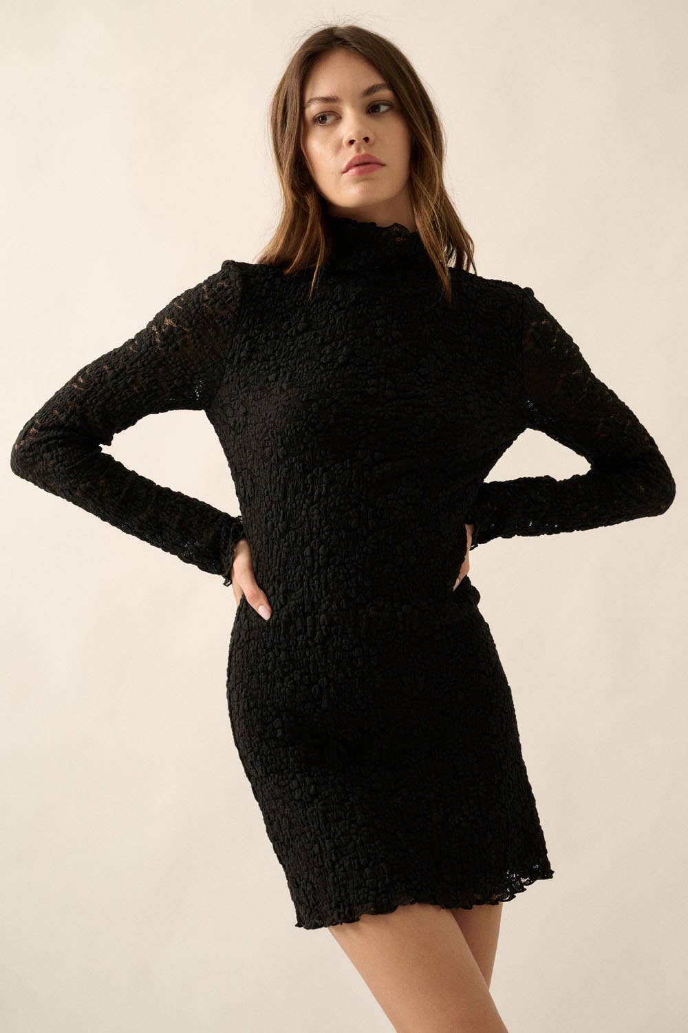 Floral Lace Mock-Neck Long-Sleeve Mini Dress