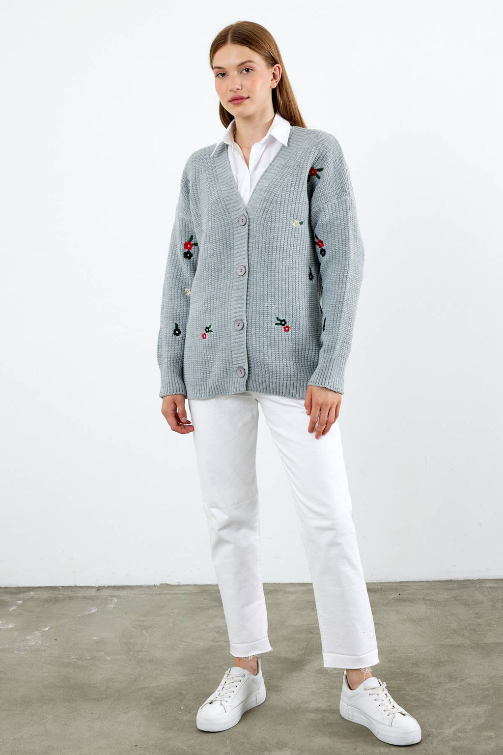 Knit Cardigan Flower Embroidered Solid Color Modest Cardigan