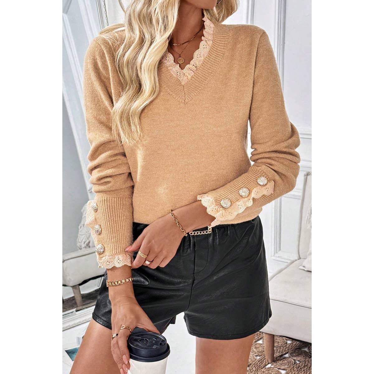Solid Crew Neck Lace Trim Button Knit Sweater