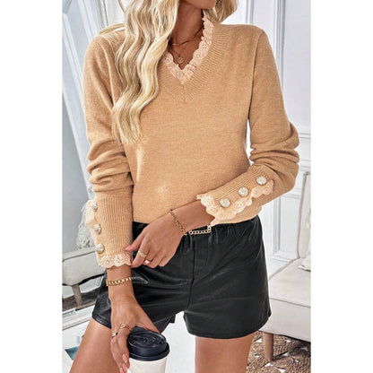 Solid Crew Neck Lace Trim Button Knit Sweater