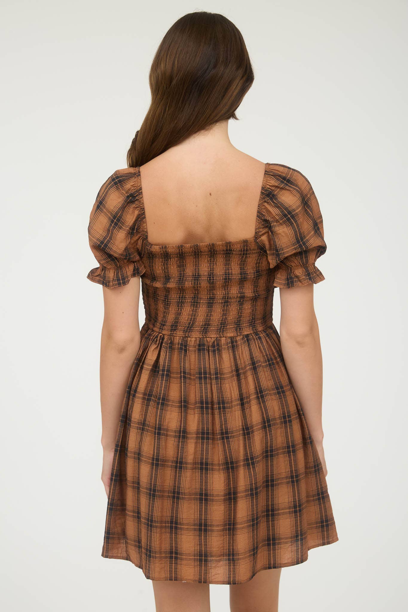 Plaid Smocked Puff Sleeve Mini Dress
