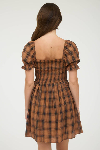 Plaid Smocked Puff Sleeve Mini Dress