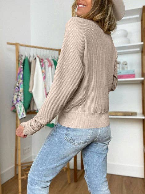 Solid Lace Trim V Neck Long Sleeve Top
