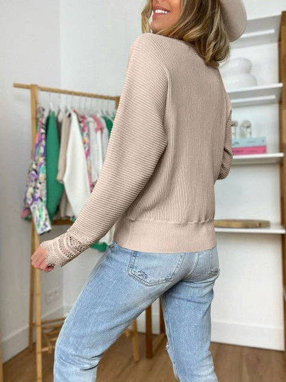 Solid Lace Trim V Neck Long Sleeve Top