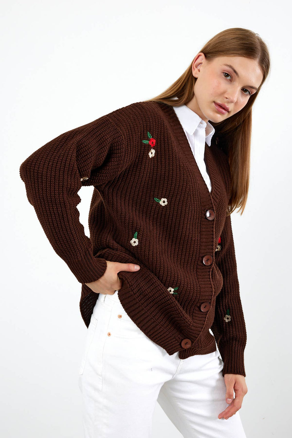 Knit Cardigan Flower Embroidered Solid Color Modest Cardigan
