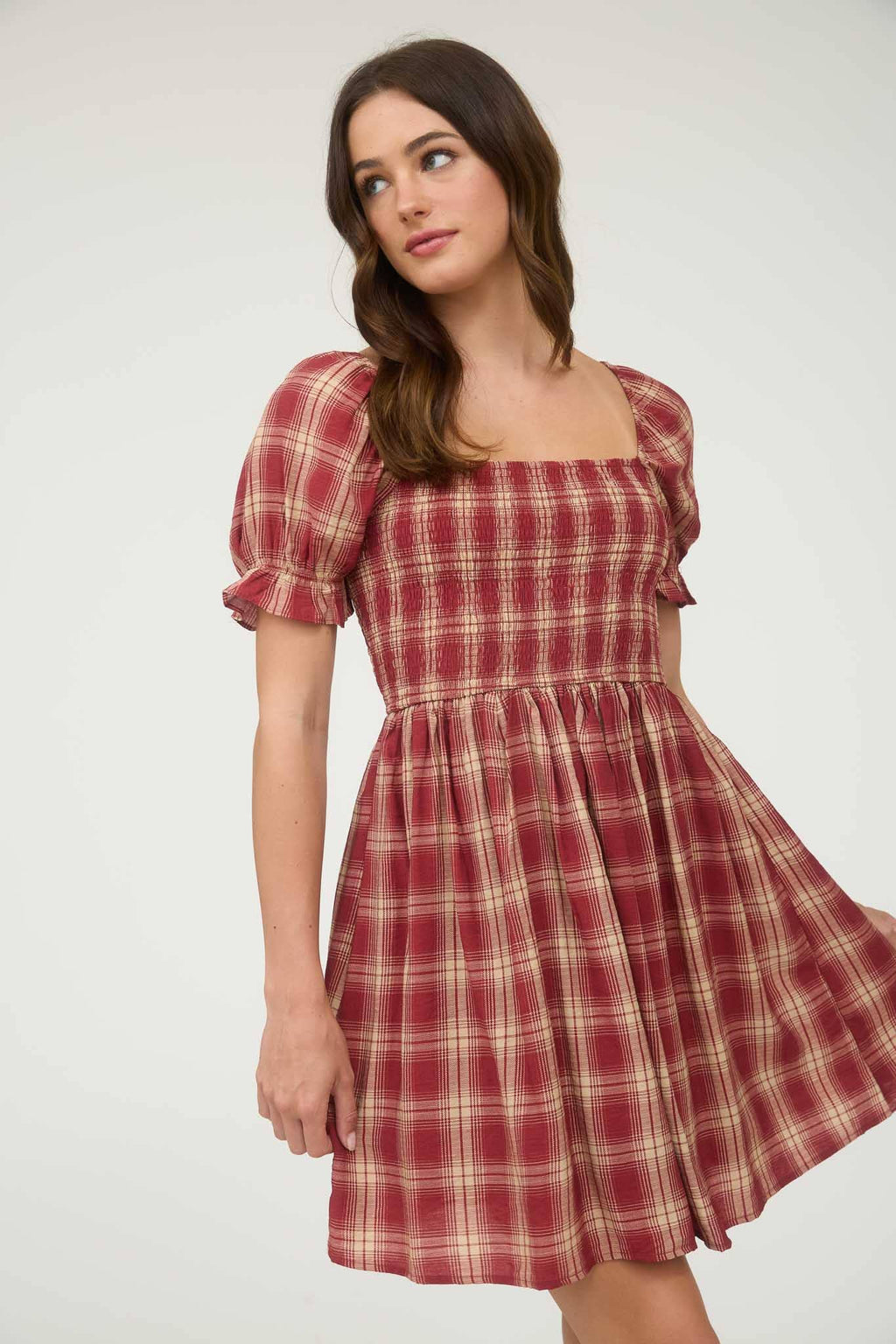 Plaid Smocked Puff Sleeve Mini Dress