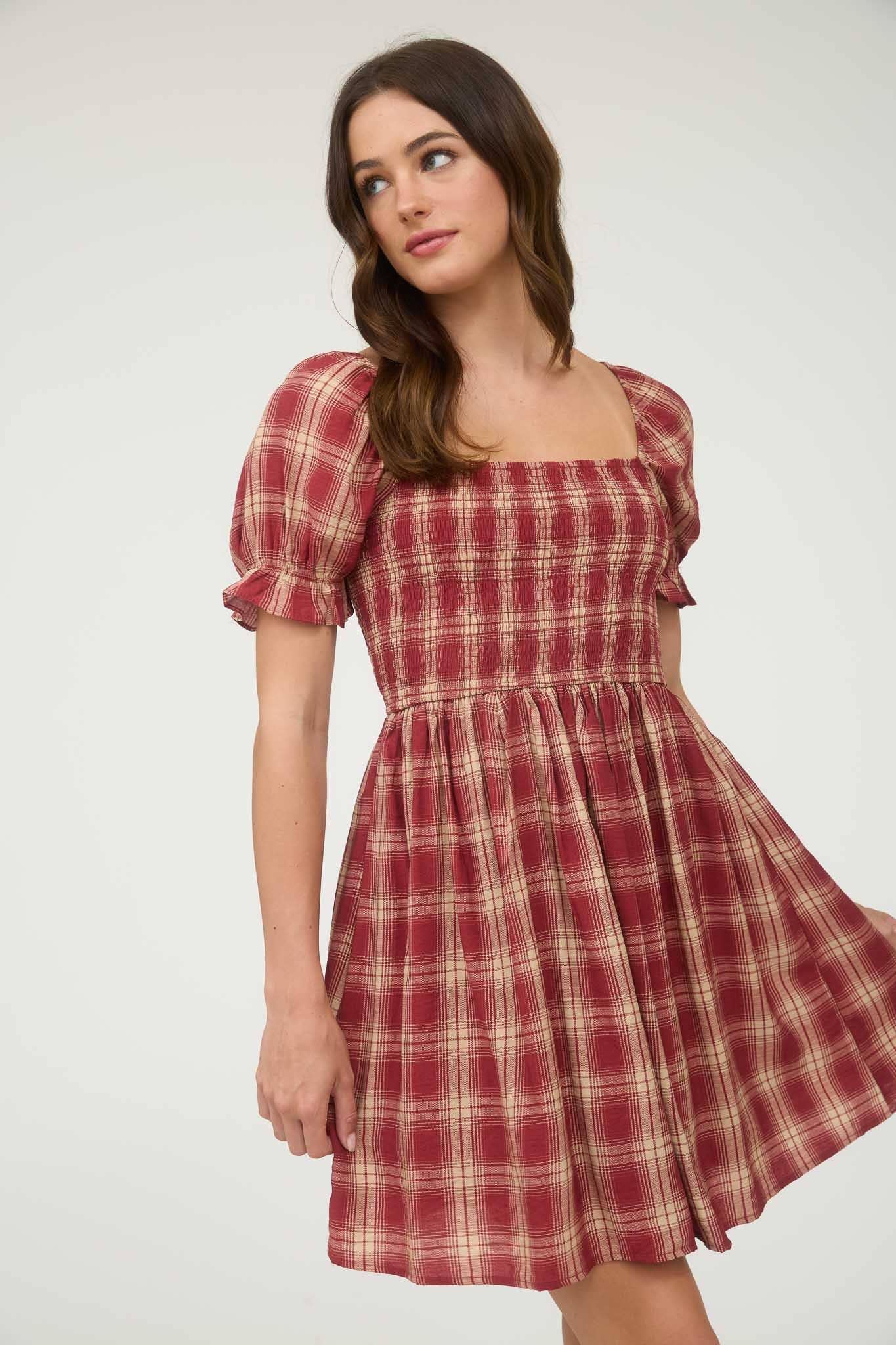 Plaid Smocked Puff Sleeve Mini Dress