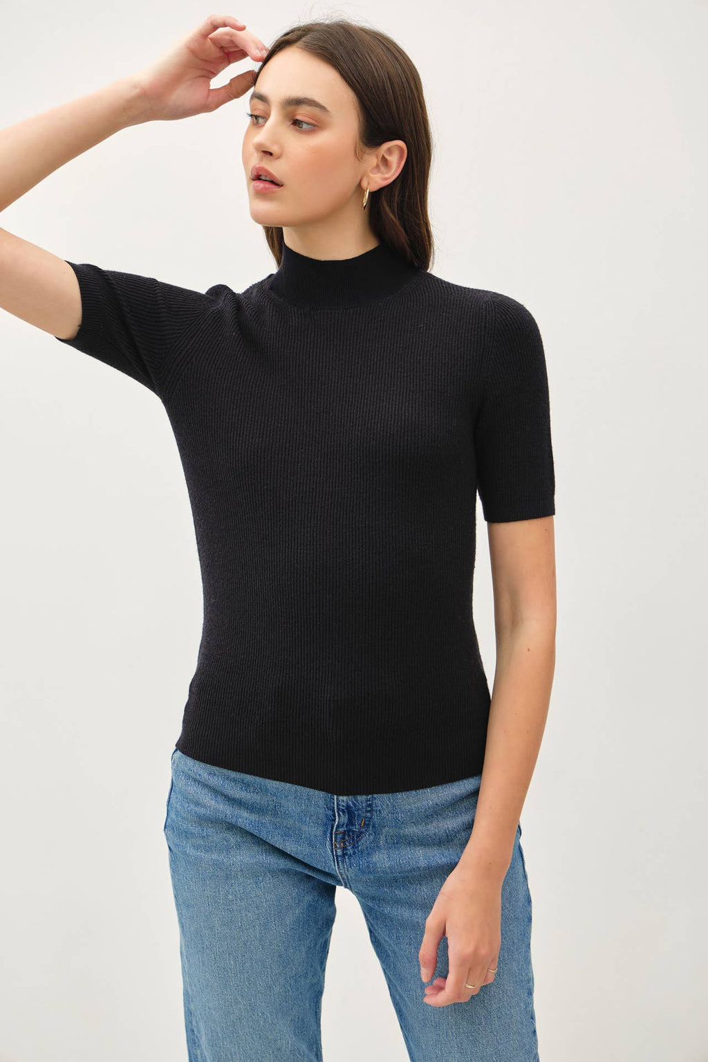 Mock Neck Short Sleeve Ribbed Knit Sweater