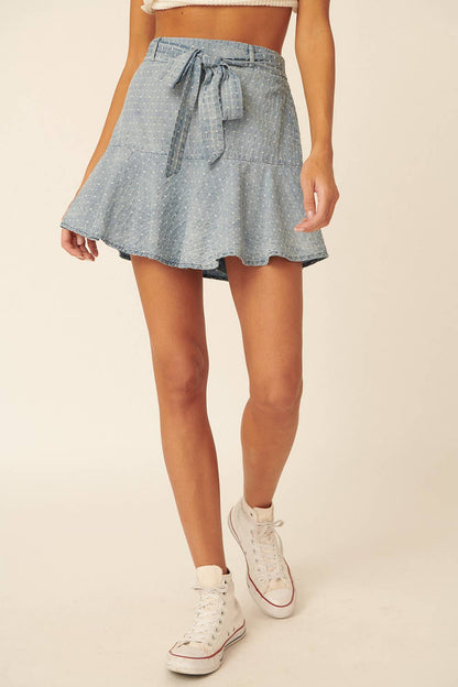 Swiss Dot Tie Belt Ruffled Hem Skorts