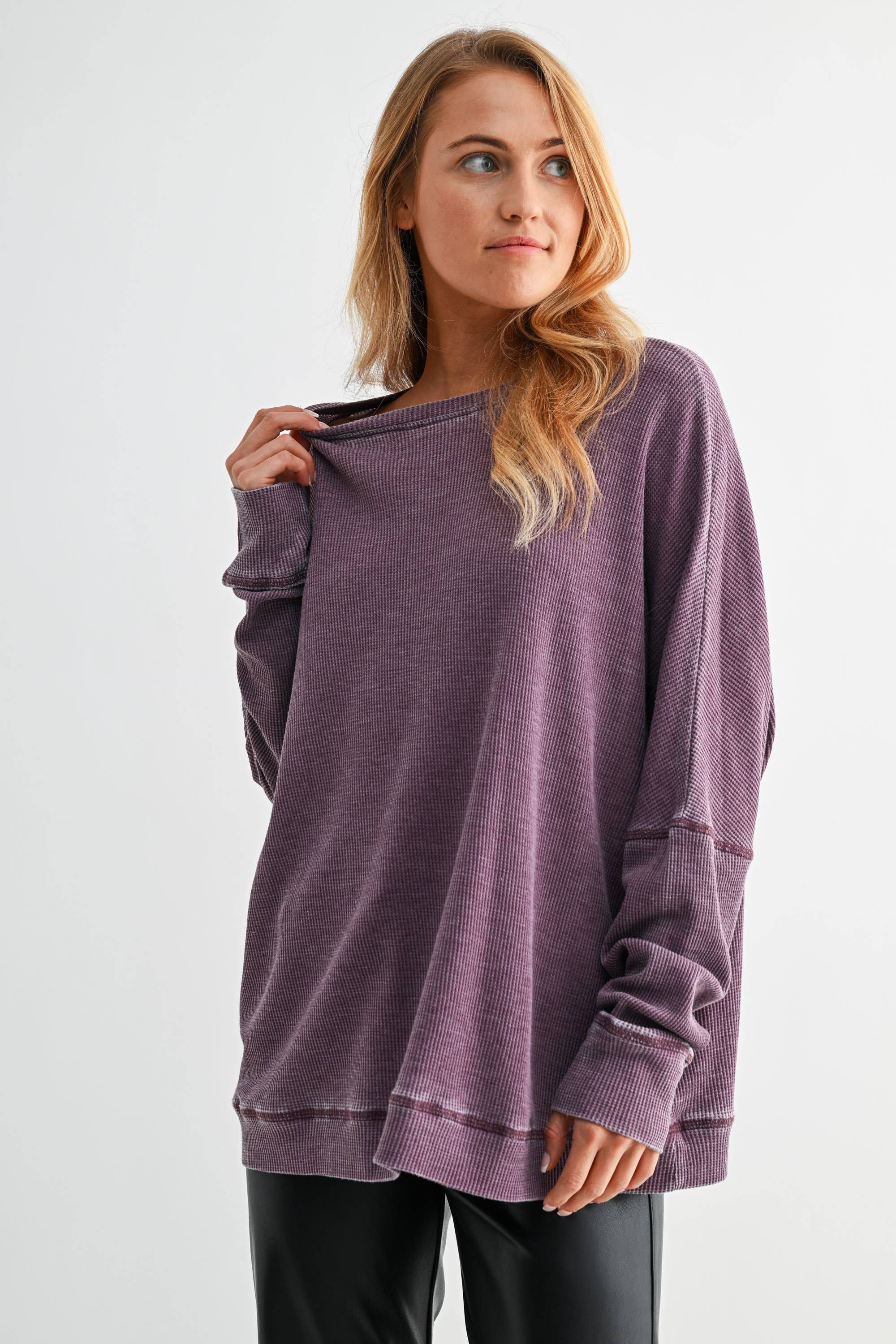 Waffle Ribbed Roundneck Pullover