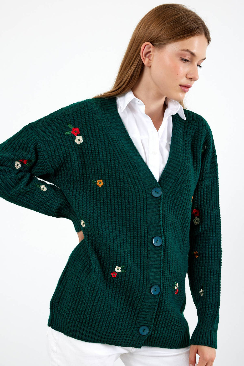 Knit Cardigan Flower Embroidered Solid Color Modest Cardigan
