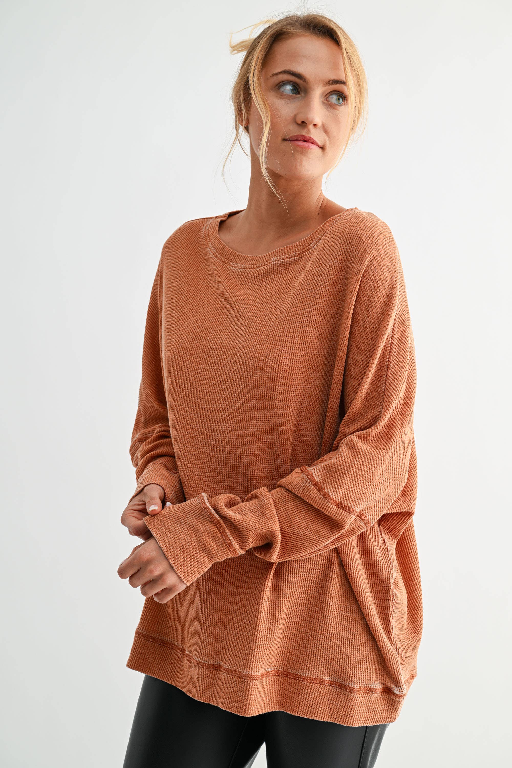Waffle Ribbed Roundneck Pullover