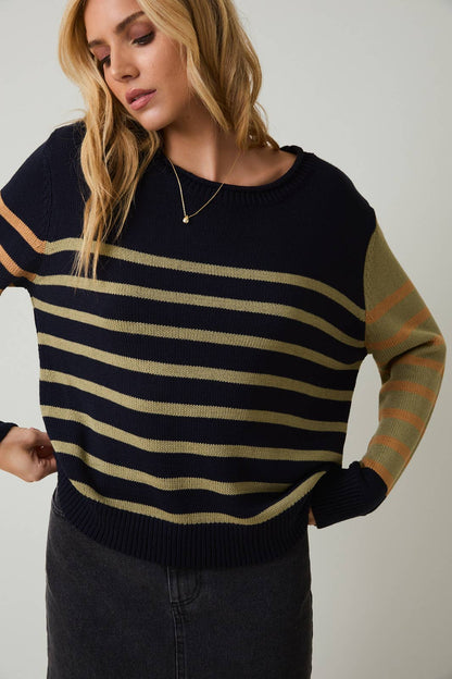 Round Neck Long Sleeve Stripe Light Weight Sweater
