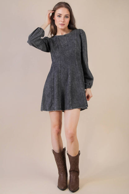 Mineral Washed Denim Seam Detail Mini Dress