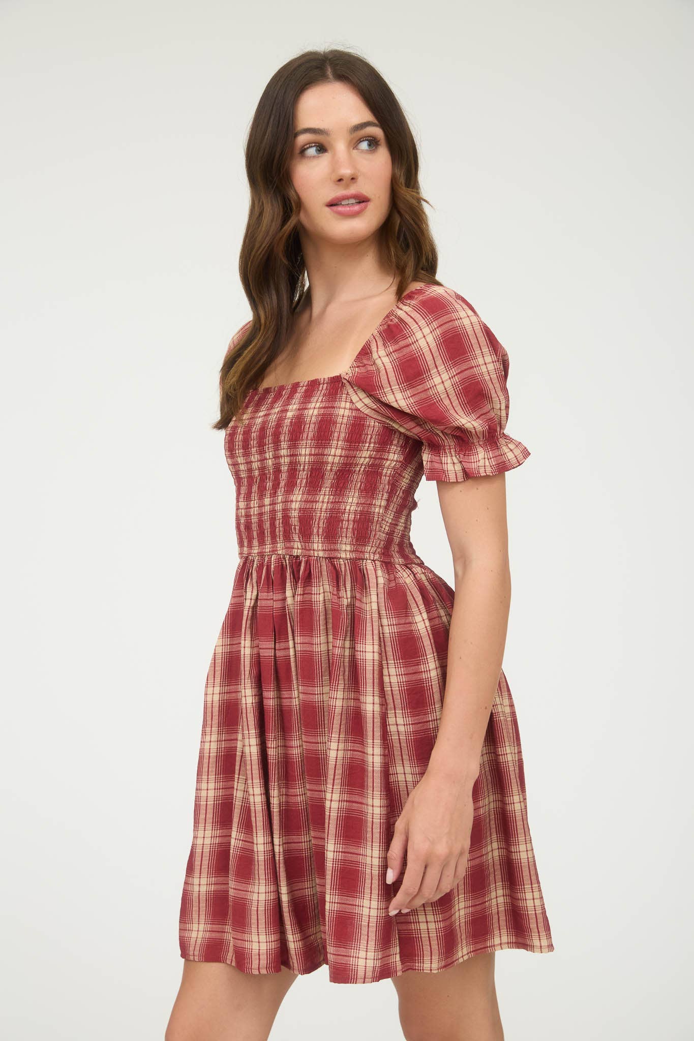 Plaid Smocked Puff Sleeve Mini Dress