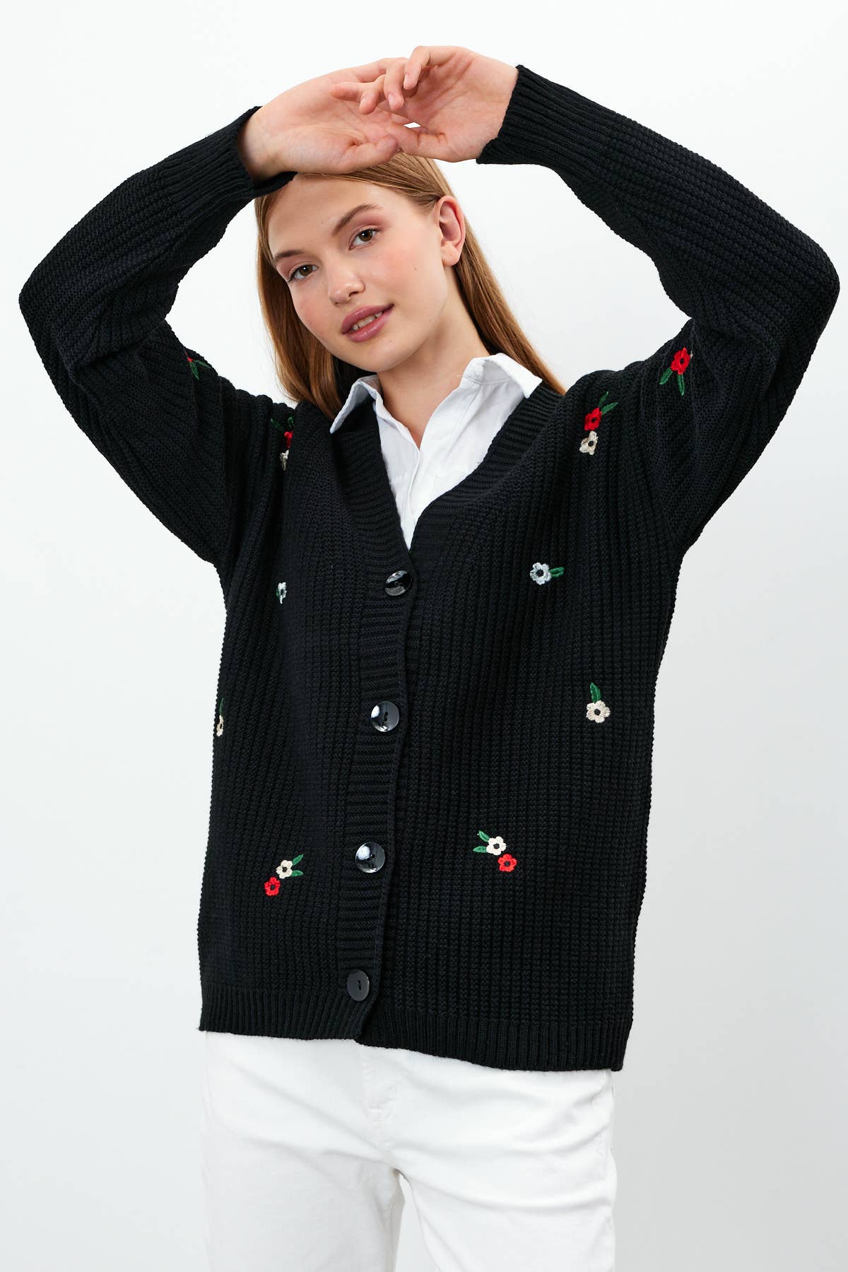 Knit Cardigan Flower Embroidered Solid Color Modest Cardigan