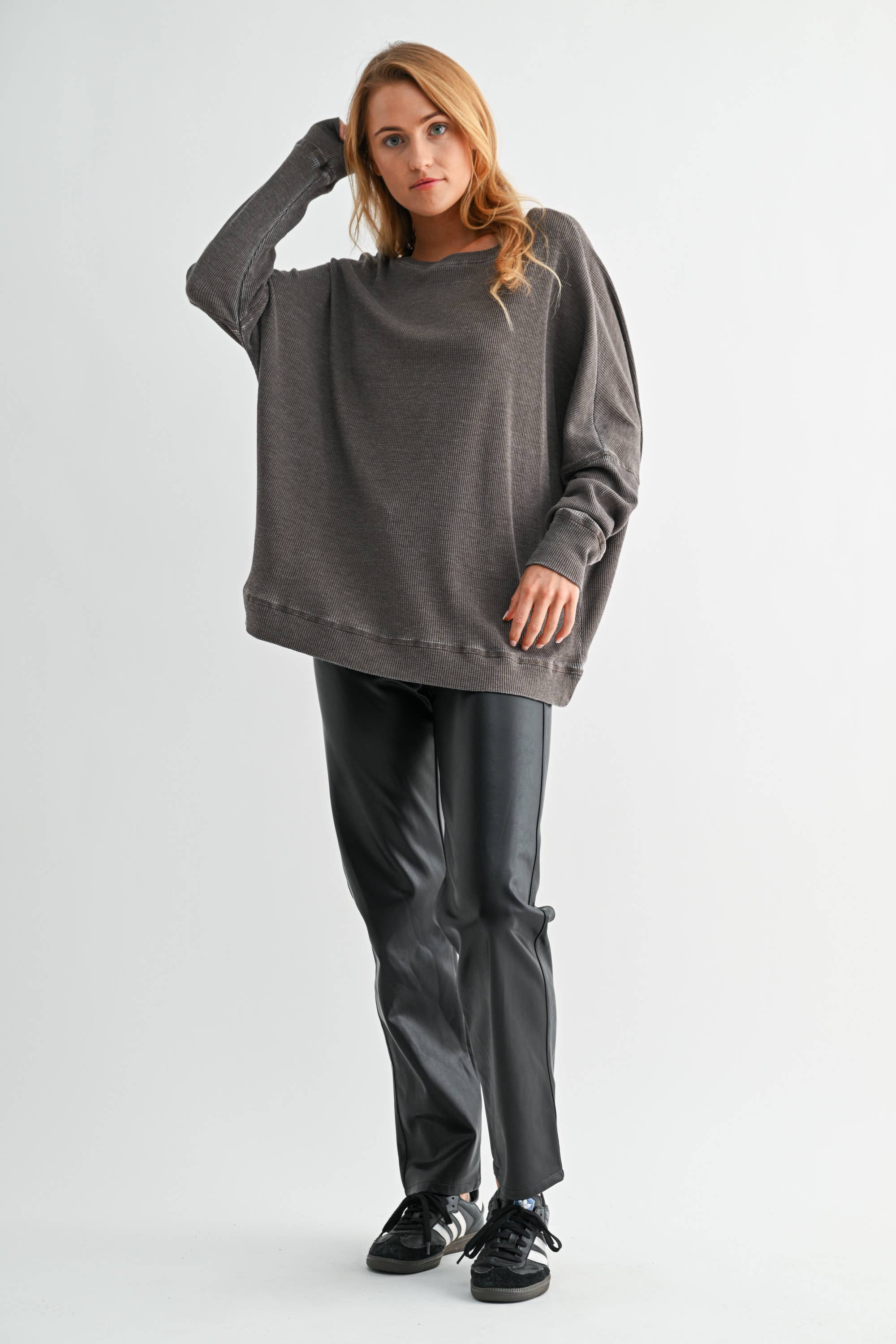 Waffle Ribbed Roundneck Pullover