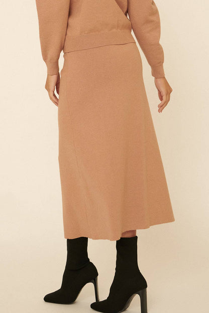Solid Waist Tie Wrap Sweater Midi Skirt