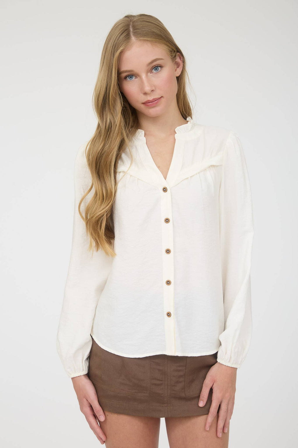 Ruffle Neck Button Down Long Sleeve Top