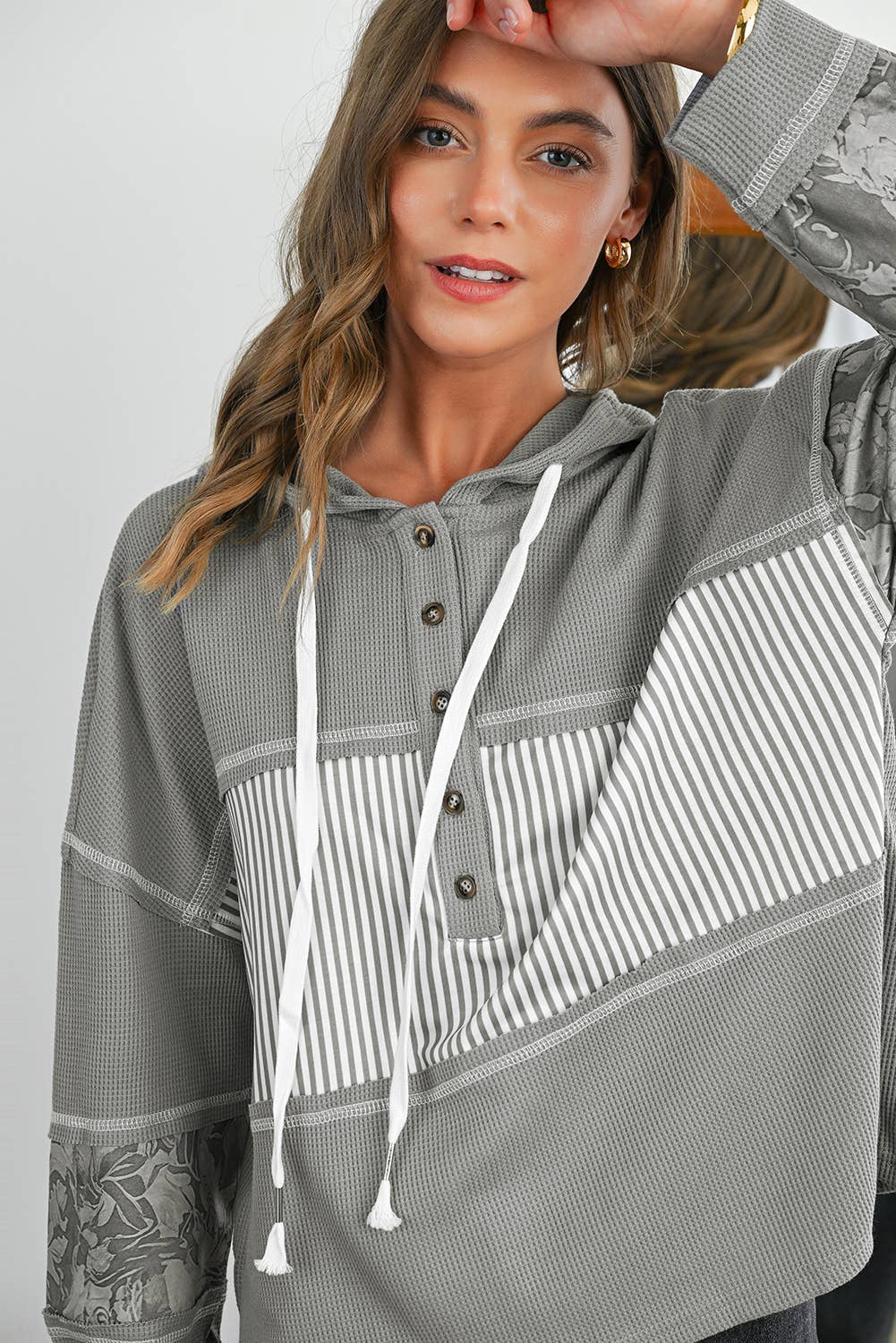 Waffle Striped & Abstract Print Buttoned Front Hoodie