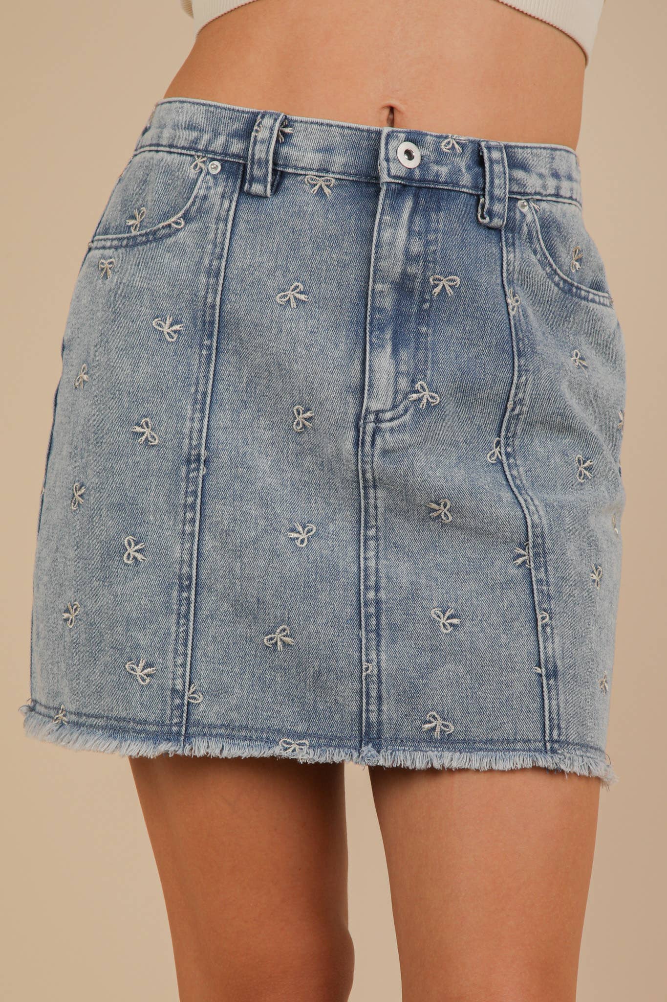 Bow Printed Casual Denim Mini Skirt