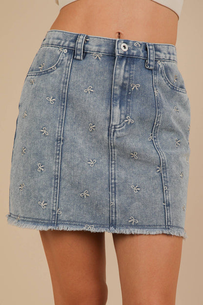 Bow Printed Casual Denim Mini Skirt