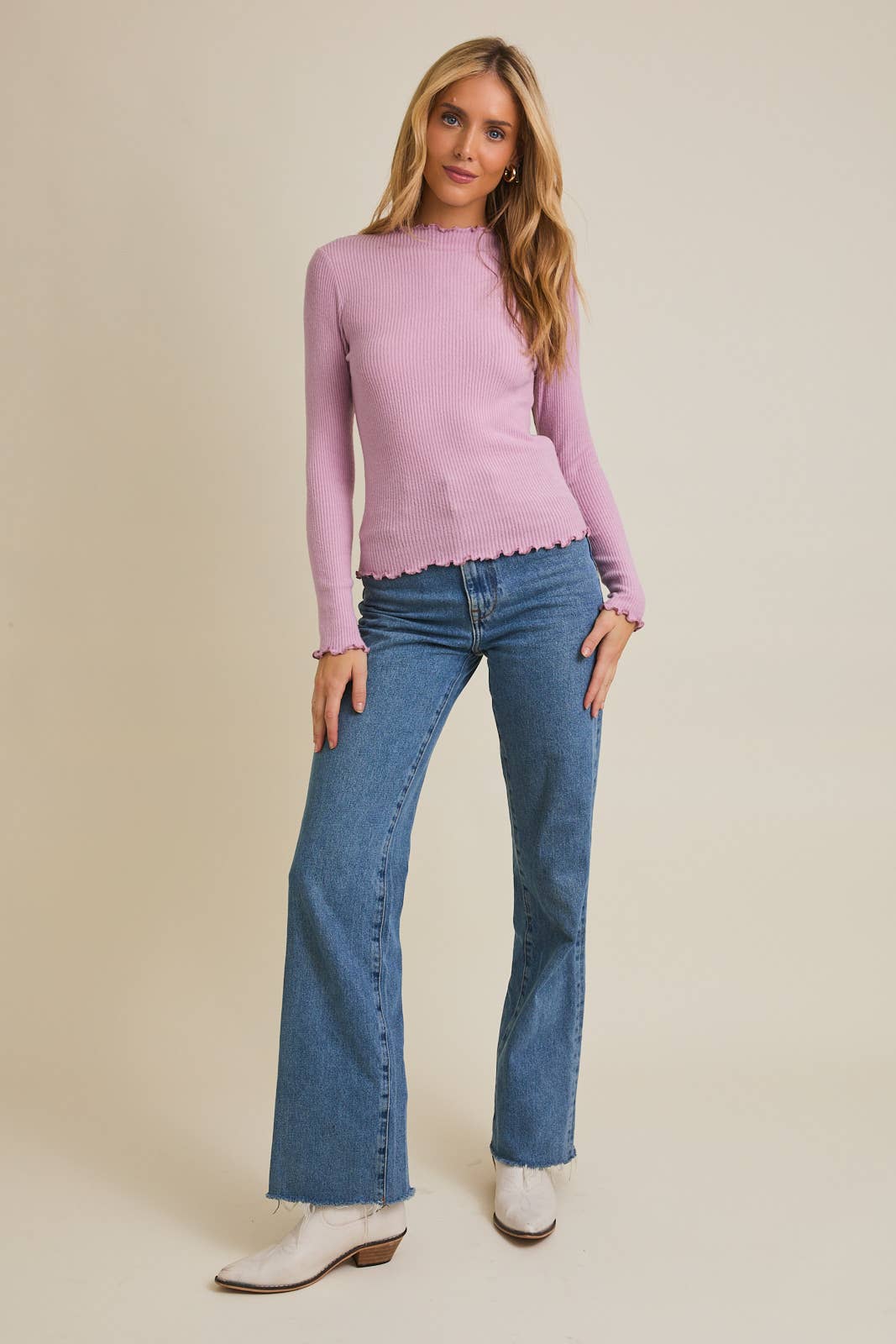 Long Sleeve Lettuce Hem Mock Neck Top