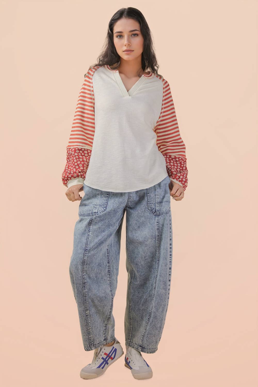 Oversized Floral & Stripe Casual Knit Top