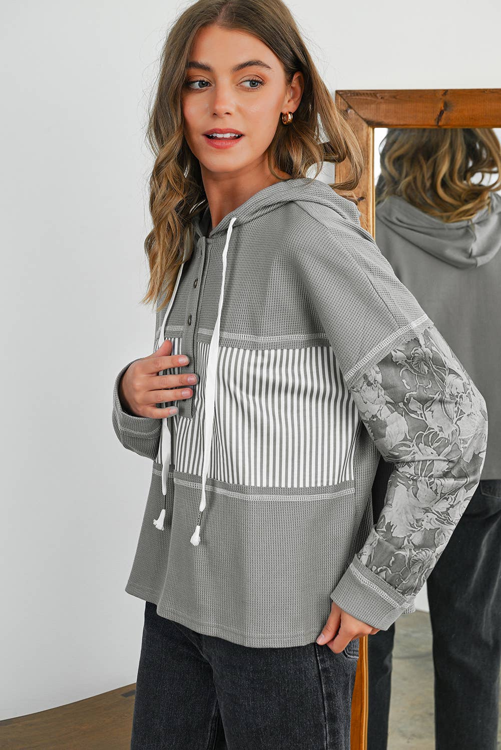 Waffle Striped & Abstract Print Buttoned Front Hoodie