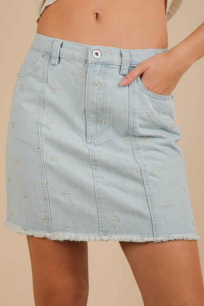 Bow Printed Casual Denim Mini Skirt