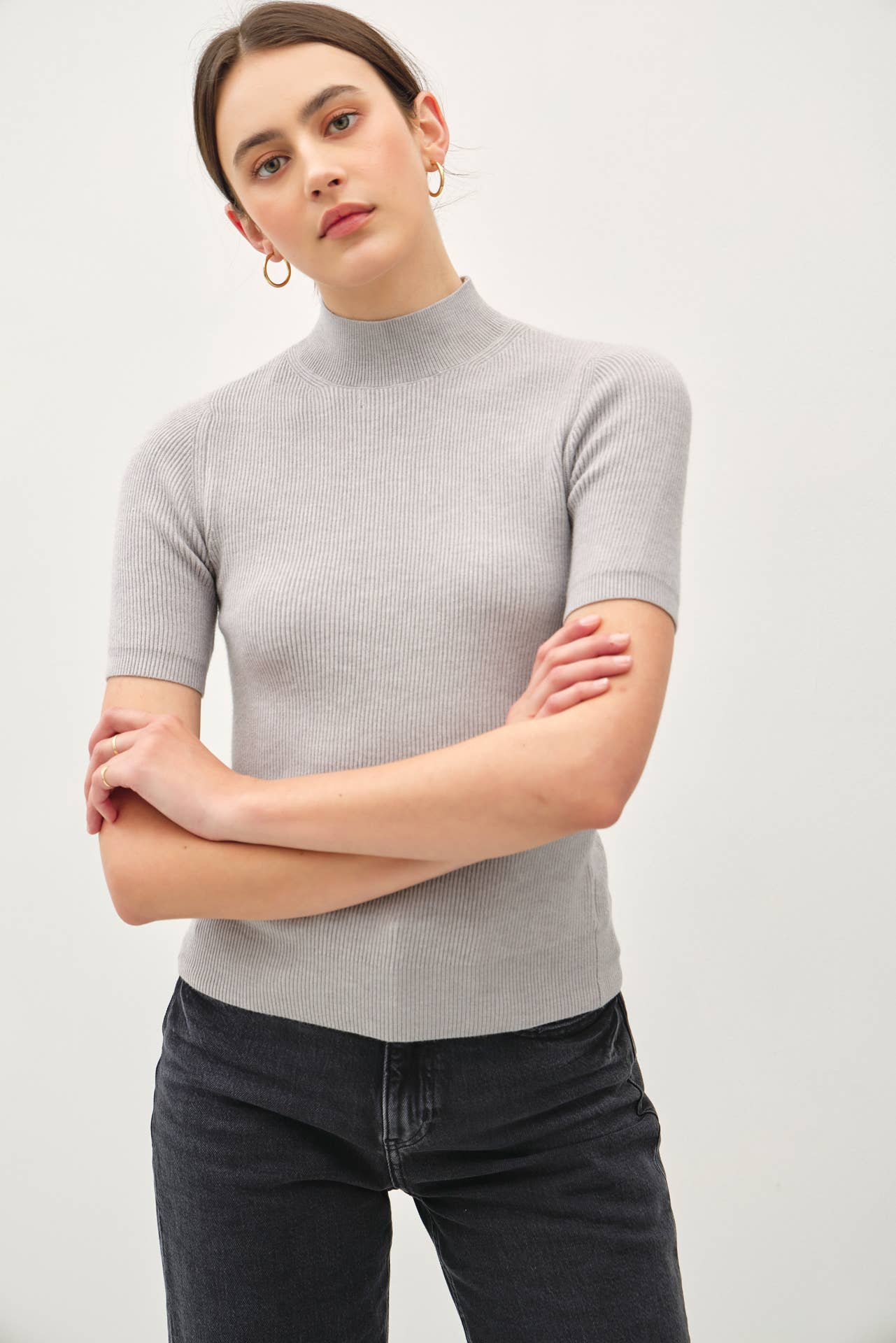 Mock Neck Short Sleeve Ribbed Knit Sweater