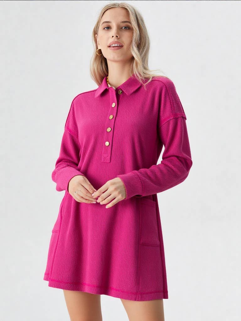 Casual Shirt Collared Knit Henley Mini Dress