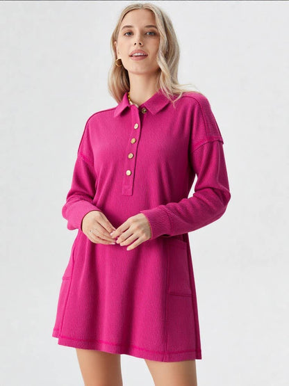 Casual Shirt Collared Knit Henley Mini Dress